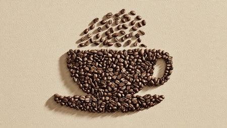 Coffee cup with coffee beans on a beige background.