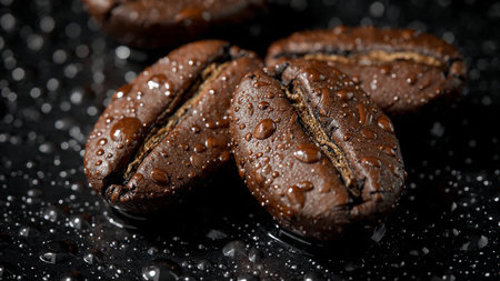 Coffee beans with water drops on dark background, closeupの写真素材