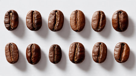 Coffee beans pattern on white background. Flat lay, top view