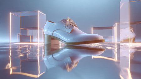 Luxury white man's shoes on a reflective surface. 3d renderingの写真素材