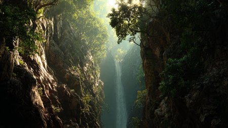 Waterfall in deep forest at sunrise, Khao Sok National Park, Thailand