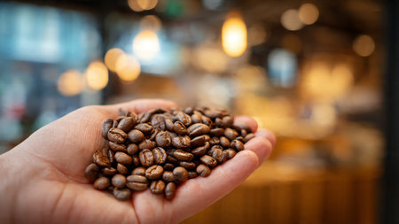 Coffee beans in hand on blurred background of coffee shop.の写真素材