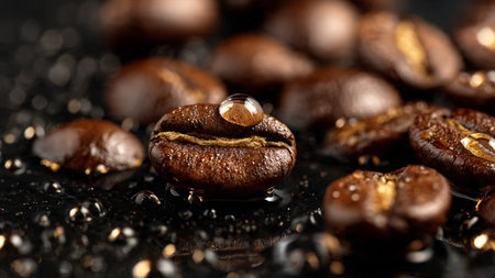 Coffee beans with water drops on dark background, closeupの写真素材