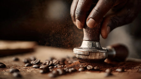 Coffee grinder with coffee beans and ground coffee on a wooden tableの写真素材