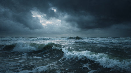 Stormy sea. Dramatic sky and stormy sea. Nature composition.の写真素材