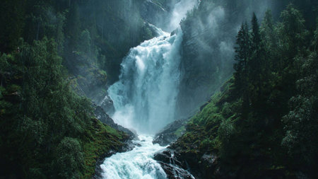 Waterfall in the mountains. Mountain landscape with waterfall and fog.