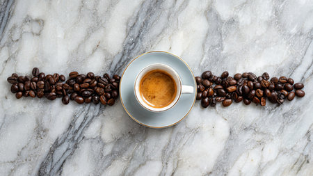 Cup of coffee and coffee beans on a marble background, top viewの写真素材