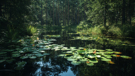 Pond with water lily pads and green foliage in the forest