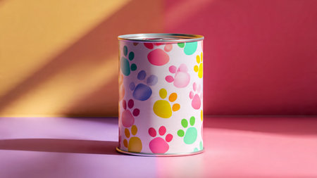 Colorful tin can on a pink and yellow background with shadow.
