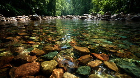 River in the forest with stones and clear water in the evening.