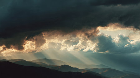 Sunset in the mountains. Dramatic sky with sunbeamsの写真素材