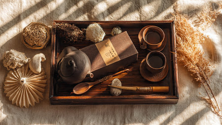 Aroma tea ceremony with teapot and cup on wooden trayの写真素材