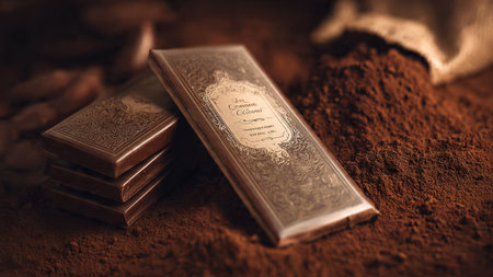 Chocolate bar and cocoa powder on a wooden table, close up