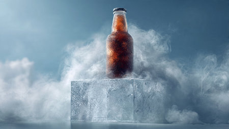 Bottle on ice cube with smoke. 3d rendering.