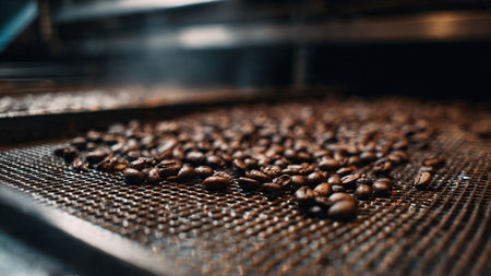 Coffee beans on a conveyor belt in a coffee shop