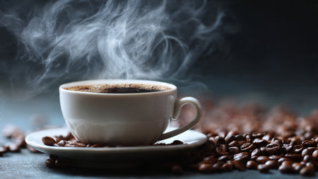 Cup of coffee with beans on grey table, closeup view