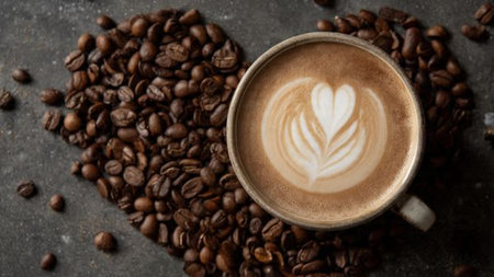 Coffee cup with latte art and coffee beans on dark backgroundの写真素材