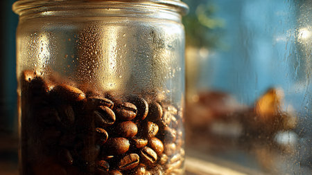 Coffee beans in a glass jar on the windowsill.