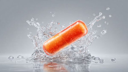 Red ice cream in water splash on grey background. 3d rendering