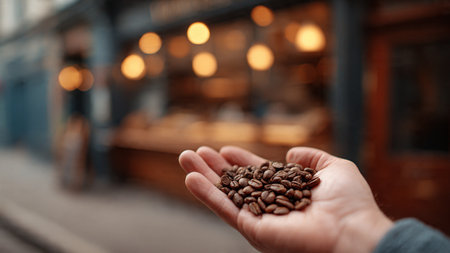 Coffee beans in hand on blurred background. Coffee shop.の写真素材