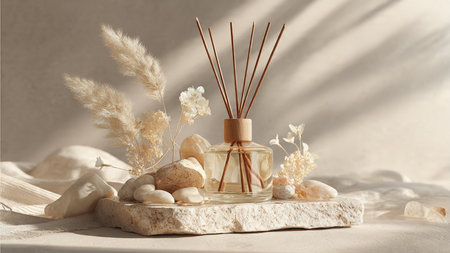 Composition with reed air freshener on beige background