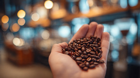 Coffee beans in female hand on blurred background of bar counterの写真素材
