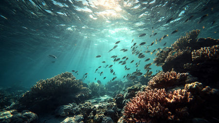 Underwater view of a tropical coral reef with fish and sunlight.