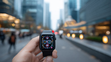 Man using a smart watch with a city view in the background.の写真素材