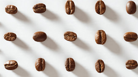 Coffee beans pattern on white background. Flat lay, top view