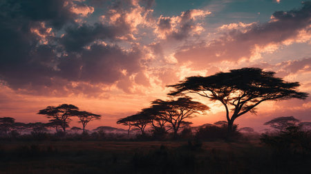 African savannah at sunset with acacia trees in Kenya, Africaの写真素材
