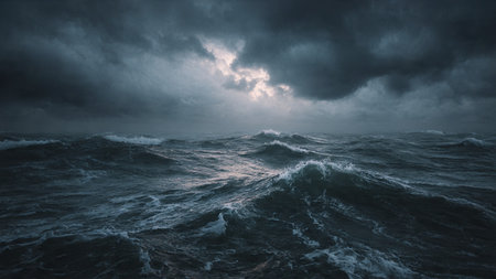 Stormy sea with stormy waves. Dark stormy landscape.の写真素材
