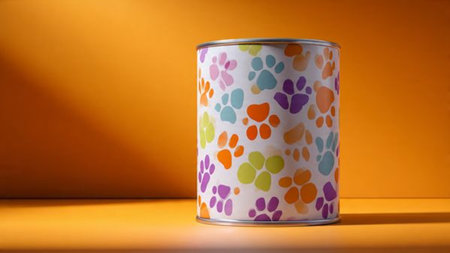 Colorful tin can on orange background. Minimalistic design.の写真素材