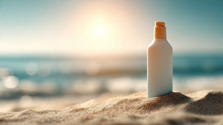 Sunscreen lotion bottle on the beach. Sun protection and health care conceptの写真素材