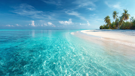 tropical beach at Maldives with few palm trees and blue lagoonの写真素材
