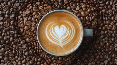 Coffee cup with latte art on coffee beans background.の写真素材