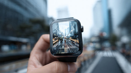 Hand holding smart watch with blurred urban city background. 3D renderingの写真素材