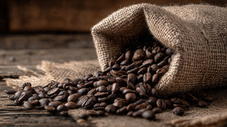Coffee beans in a burlap bag on a wooden background