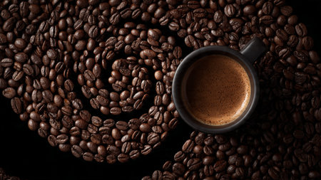 Coffee cup and coffee beans on a black background, top view