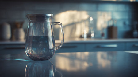 Glass jug with water on a kitchen table. Toned image.の写真素材