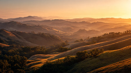 Sunset over the hills. Rural landscape