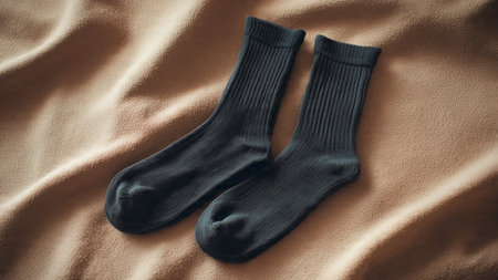 black socks on a beige fabric background, closeup of photoの写真素材