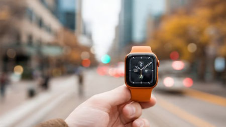 male hand with orange wristwatch on the background of the city streetの写真素材