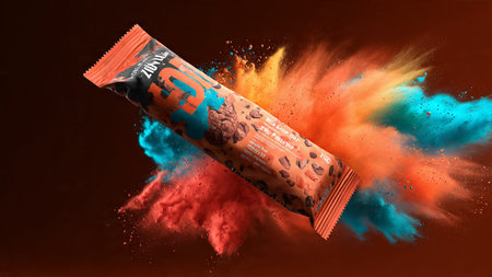 3D rendering of a chocolate bar with a colorful explosion on a dark background