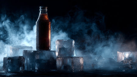 Bottle of beer on ice cubes with smoke on dark toned foggy backgroundの写真素材