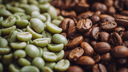 Coffee beans background. Close up of green coffee beans.の写真素材