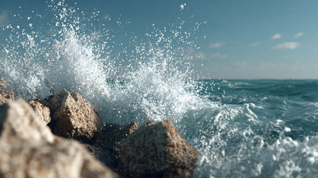 Sea wave splashing on the rocky shore of the Mediterranean Sea.の写真素材