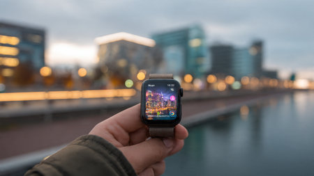 Smart watch with a cityscape in the background, close-upの写真素材