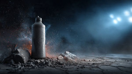 Aerosol spray can in ruins. Mixed media. Mixed media