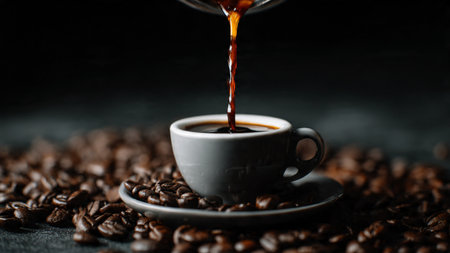 Coffee pouring into a cup with coffee beans on dark background
