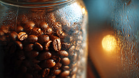 Coffee beans in a glass jar on the background of the window